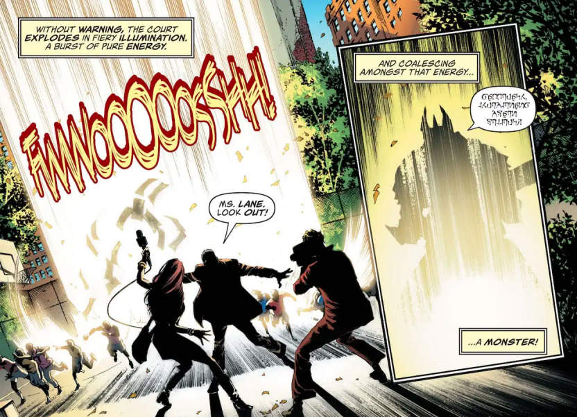 Comic panels with the following narration boxes: Without warning, the court explodes in fiery illumination, a burst of pure energy. And coalescing amongst that energy...a monster! The comic imagery shows what the narration describes, and also features Jefferson Pierce yelling "Ms. Lane, look out!" while running at Lois Lane and Jimmy Olsen.