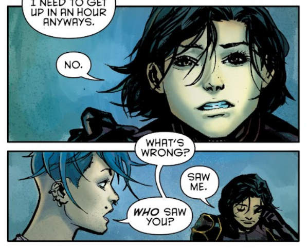 Two panels from a comic book. In the first, Cassandra Cain says "No." In the second, Harper asks, "What's wrong?" Cass replies, "Saw me." Harper replies, "Who saw you?"