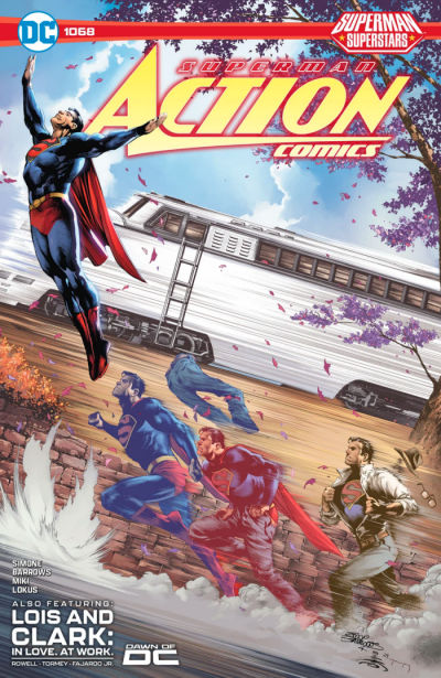 Action Comics #1068 cover, featuring Clark Kent changing into Superman while running next to a train